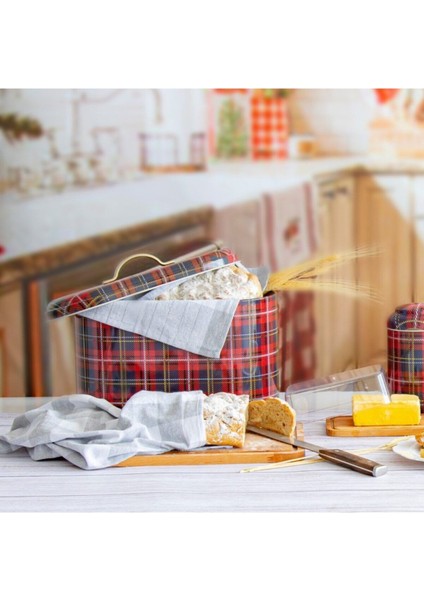 Plaid(Ekose) Desenli Oval Metal Ekmek Kutusu, 10.4 lt