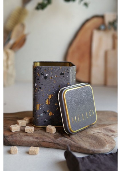 Er018-8g Terrazzo Brown Desenli Kare Metal Saklama Kabı 9x9 Cm