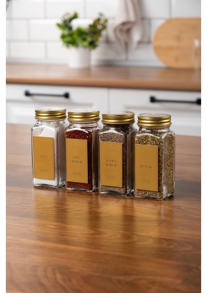 4'lü Cam Baharatlık Seti Gold Kapaklı Etiketli Baharatlık Takımı fiyatları
