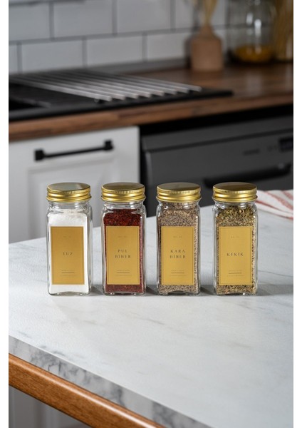 4'lü Cam Baharatlık Seti Gold Kapaklı Etiketli Baharatlık Takımı modelleri