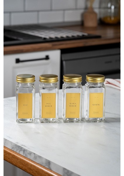 4'lü Cam Baharatlık Seti Gold Kapaklı Etiketli Baharatlık Takımı indirimleri