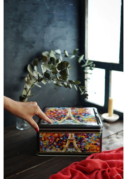 Afremov Paris Desenli Kare Çok Amaçlı Metal Erzak Saklama Kabı 6.3 lt - Çok Renkli