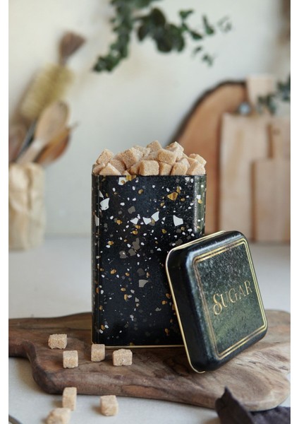 ER022-1H Terrazzo Black Desenli Kare Metal Saklama Kabı 11X11 cm