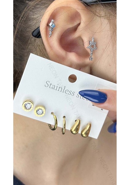 Çoklu Küpe, Yonca, Halka, Damla Bottega, Paslanmaz Çelik Küpe 414, Altın Renk