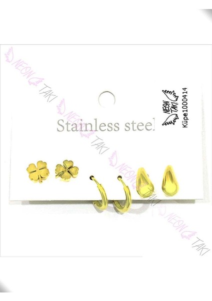 Çoklu Küpe, Yonca, Halka, Damla Bottega, Paslanmaz Çelik Küpe 414, Altın Renk fiyatları