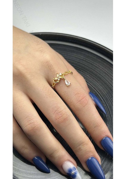 Zirkon Taşlı, Sallantılı Paslanmaz Çelik Yüzük 159, Altın Renk, Ayarlanabilir