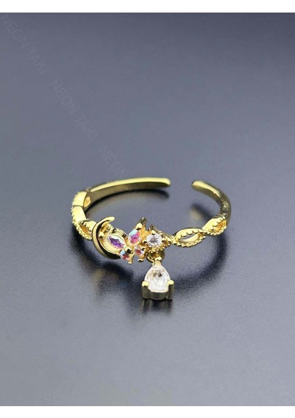 Zirkon Taşlı, Sallantılı Paslanmaz Çelik Yüzük 159, Altın Renk, Ayarlanabilir modelleri