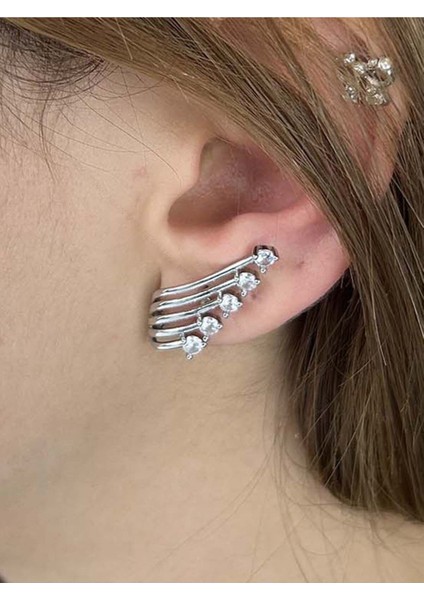 Zirkon Taşlı, Çoklu Tekli Iğneli, Paslanmaz Çelik Küpe 560, Gümüş Renk