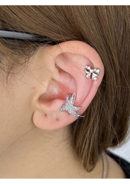 Zirkon Taşlı, Yıldız, Kulak Kıkırdak Bölgesi Bijuteri Küpe 506, Gümüş Renk
