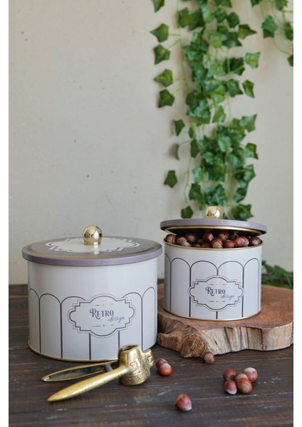 Retro Desenli Metal Saklama Kabı Seti - 2'li Set (1,3 Lt - 2,9 Lt) ERB53U6 fiyatları
