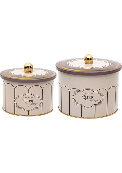 Retro Desenli Metal Saklama Kabı Seti - 2'li Set (1,3 Lt - 2,9 Lt) ERB53U6 modelleri