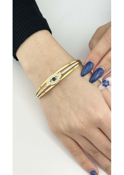 Göz Figürlü, Zirkon Taşlı, Paslanmaz Çelik Kelepçe Bileklik 61, Altın Renk