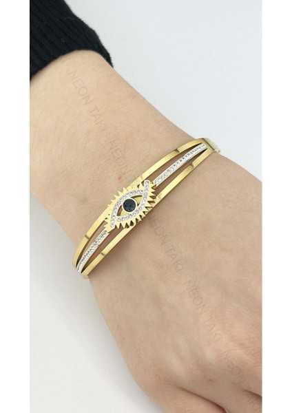 Göz Figürlü, Zirkon Taşlı, Paslanmaz Çelik Kelepçe Bileklik 61, Altın Renk fiyatları