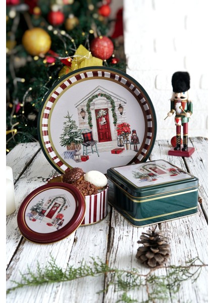 3 Lü Yılbaşı Set, 15.8 x 15.8 x 8 Cm, Ø14 x 7 Cm, Ø31.5 cm Tepsi, Stone Home Green