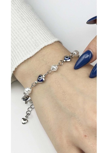 Incli Ve Kalp Formlu Nazarlı, Paslanmaz Çelik Zincir Bileklik 408, Gümüş Renk