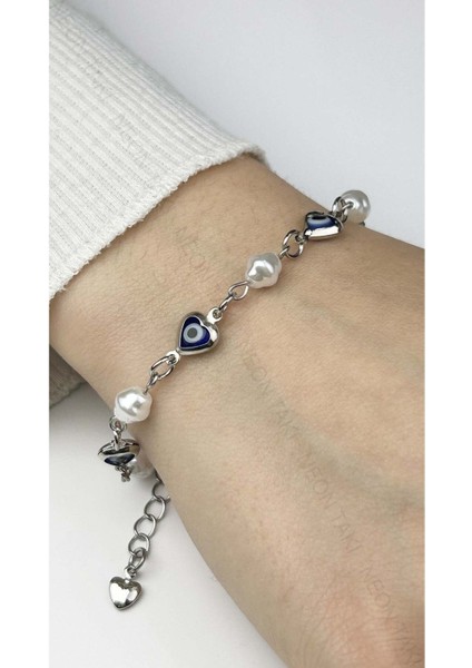 Incli Ve Kalp Formlu Nazarlı, Paslanmaz Çelik Zincir Bileklik 408, Gümüş Renk fiyatları