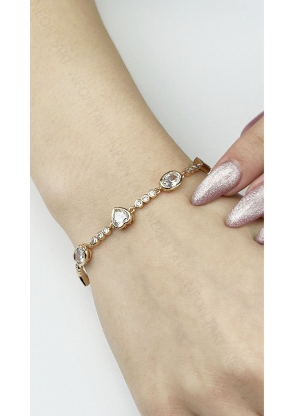 Zirkon Taşlı, Altın Kaplama, Paslanmaz Çelik Bileklik 494, Rose Renk