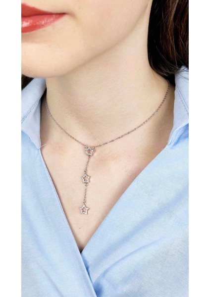 Zirkon Taşlı, Yıldızlı Y Kolye, Paslanmaz Çelik 422, Gümüş Renk fiyatları