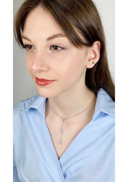 Zirkon Taşlı, Yıldızlı Y Kolye, Paslanmaz Çelik 422, Gümüş Renk modelleri