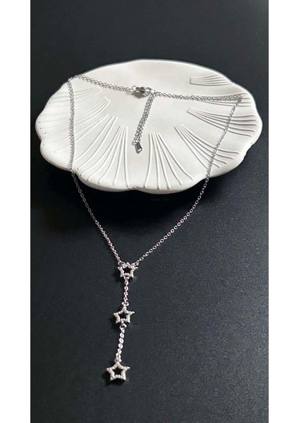 Zirkon Taşlı, Yıldızlı Y Kolye, Paslanmaz Çelik 422, Gümüş Renk indirimleri