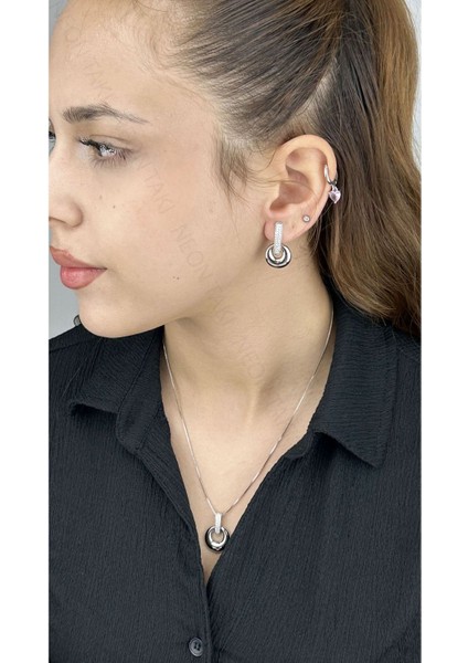 Set, Zirkon Taşlı, Kararmayan Paslanmaz Çelik, Kolye ve Küpe, Gümüş Renk, Model42