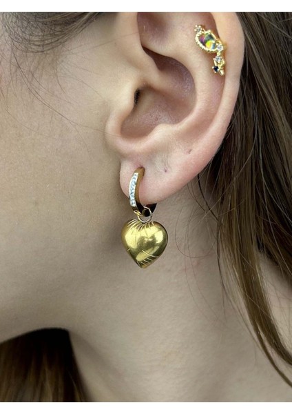 Zirkon Taşlı, Balon Sallantılı Kalp, Paslanmaz Çelik Küpe 13, Altın Renk