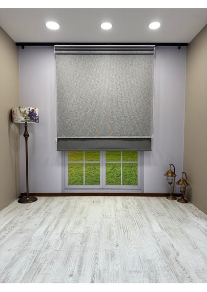 Çift Mekanizmalı Gri Çizgili Desenli Tül ve Gri Stor Perde - Ithal Mat Polyester modelleri