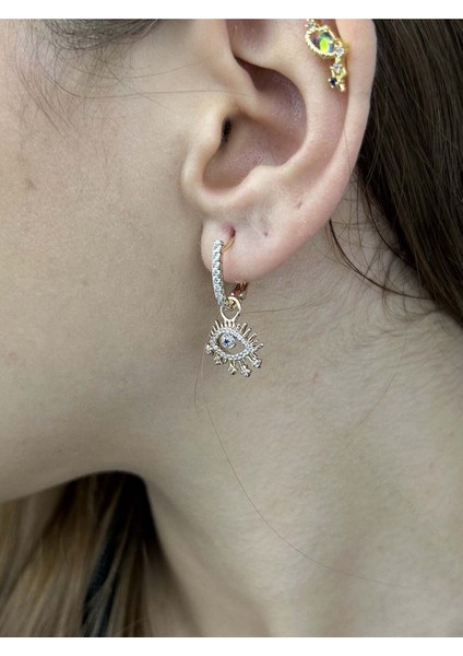 Zirkon Taşlı, Göz, Altın Kaplama Paslanmaz Küpe 459, Pembe (ROSE) Renk