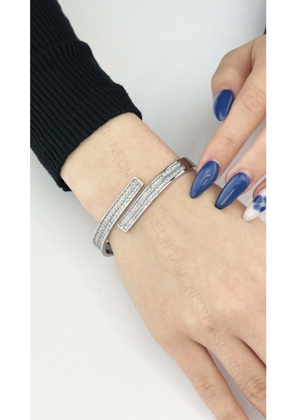 Zirkon Taşlı, Paslanmaz Çelik Bileklik 144, Gümüş Renk