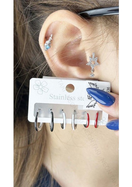 Çoklu Küpe, Çok Renk, Halka Model, Paslanmaz Çelik Küpe 536, Kasa Gümüş Renk