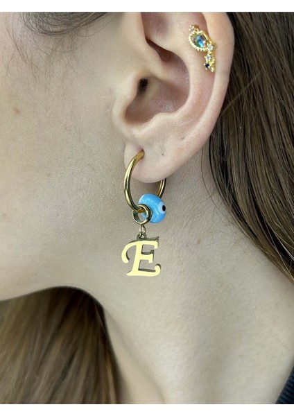 E Harfli, Nazar Boncuklu, Paslanmaz Çelik Küpe 159, Altın Renk