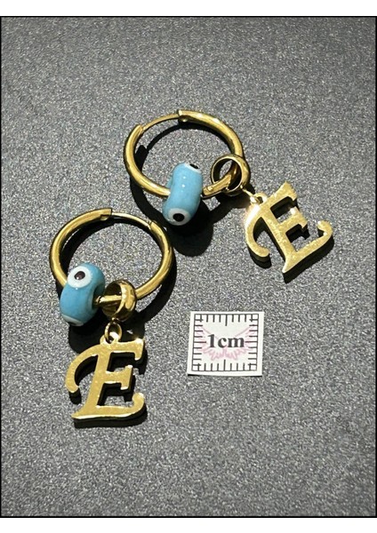 E Harfli, Nazar Boncuklu, Paslanmaz Çelik Küpe 159, Altın Renk indirimleri