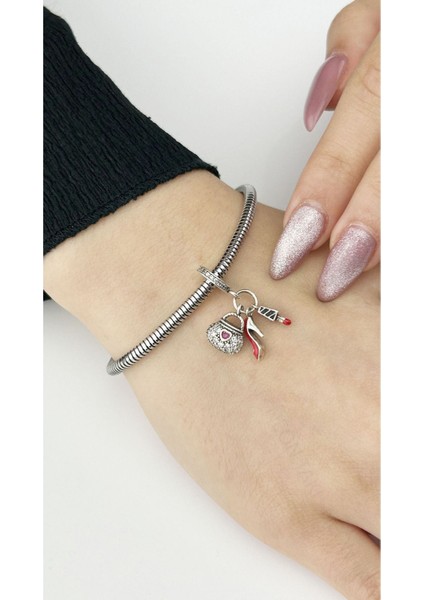 Zirkon Taşlı, Çanta Ayakkabı Ruj Pan Bileklik için Çelik Charm 40, Gümüş Renk, BİLEKLİK DAHİL DEĞİL
