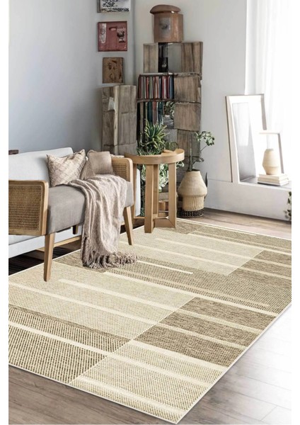 Dijital Kaymaz Yıkanabilir Modern Çizgili Salon Halısı Mutfak Halısı Koridor Halısı Yolluk DC-7203 Vizon