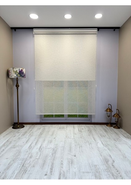 Çift Mekanizmalı Açık Gri Çizgili Desenli Tül ve Beyaz Mat Stor Perde fiyatları