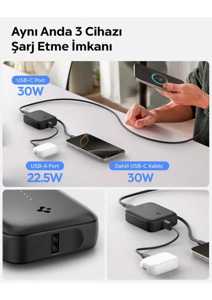 10000 mAh Ultra Mini 30W USB-C + USB-A Giriş / Çıkış Hızlı Şarj 3 Portlu Powerbank / Type-C Dahili Kablolu Taşınabilir Şarj Cihazı EA3010BT Black - ABA09023