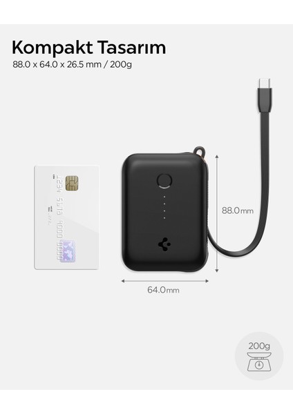 10000 mAh Ultra Mini 30W USB-C + USB-A Giriş / Çıkış Hızlı Şarj 3 Portlu Powerbank / Type-C Dahili Kablolu Taşınabilir Şarj Cihazı EA3010BT Black - ABA09023
