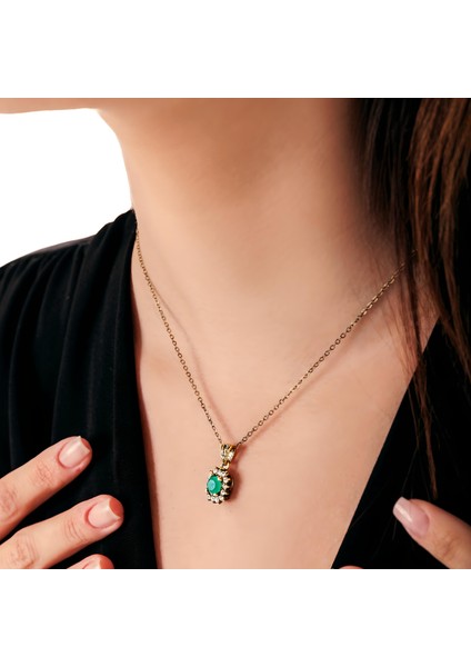 HARMONİ BAGET YEŞİL BAKIR EL YAPIMI KRİSTAL TAŞLI KARARMA YAPMAZ KADIN KOLYE KUTULU