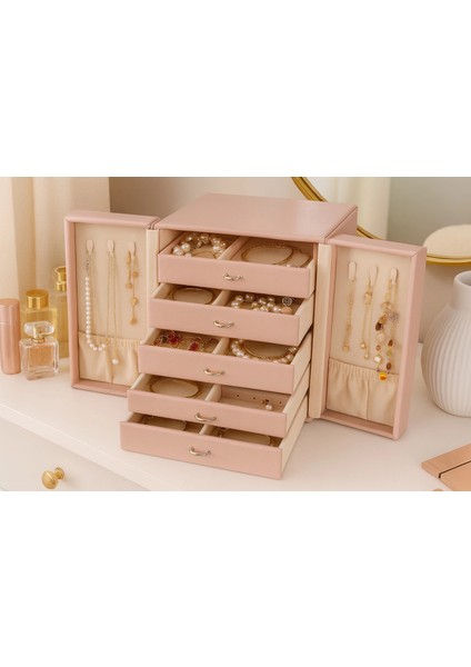Dışı Deri Içi Kadife 5 Çekmeceli Takı Bijuteri Mücevher Kutusu Organizer Düzenleyici Pembe Ithal Ürün