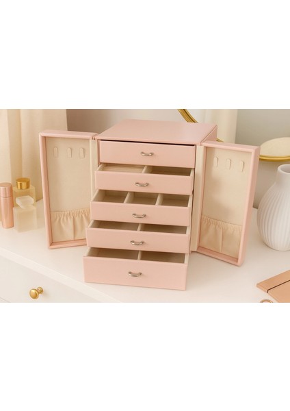 Dışı Deri Içi Kadife 5 Çekmeceli Takı Bijuteri Mücevher Kutusu Organizer Düzenleyici Pembe Ithal Ürün fiyatları