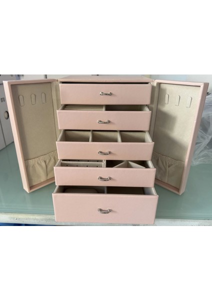 Dışı Deri Içi Kadife 5 Çekmeceli Takı Bijuteri Mücevher Kutusu Organizer Düzenleyici Pembe Ithal Ürün modelleri