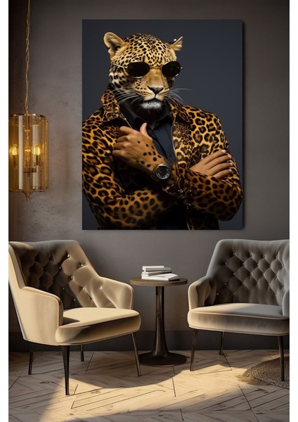 Kürk Ceketli Leopar Ev Duvar Salon Güzellik Salonu Ofis Dükkan Dekarasyon Kanvas Tablo