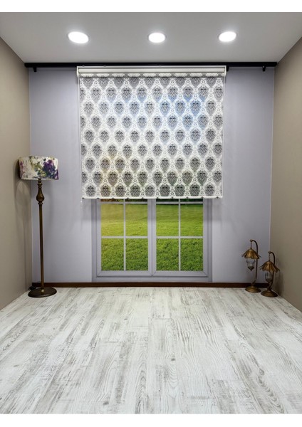 Gri Damask Desenli Çift Mekanizmalı Tül ve Stor Perde - Simli Kumaş, Simli Stor Perde modelleri