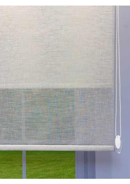 Çift Mekanizmalı Açık Gri Çizgili Desenli Tül ve Beyaz Mat Stor Perde fırsatları