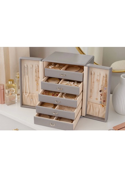 Dışı Deri Içi Kadife 5 Çekmeceli Takı Bijuteri Mücevher Kutusu Organizer Düzenleyici Gri Ithal Ürün