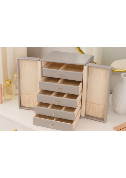 Dışı Deri Içi Kadife 5 Çekmeceli Takı Bijuteri Mücevher Kutusu Organizer Düzenleyici Gri Ithal Ürün fiyatları