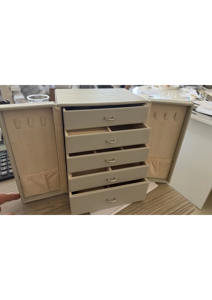 Dışı Deri Içi Kadife 5 Çekmeceli Takı Bijuteri Mücevher Kutusu Organizer Düzenleyici Gri Ithal Ürün modelleri