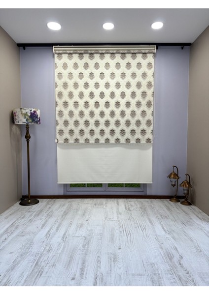 Gold Kahve Damask Desenli Çift Mekanizmalı Tül ve Stor Perde - Simli Kumaş, Simli Stor Perde
