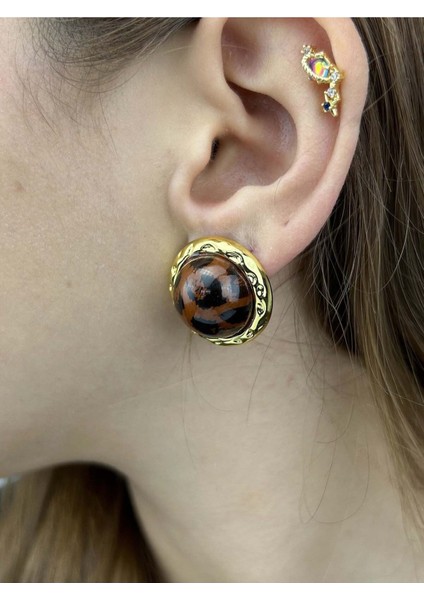 Leopar Desenli, Yuvarlak Model, Küpe 571, Kasa Altın Renk