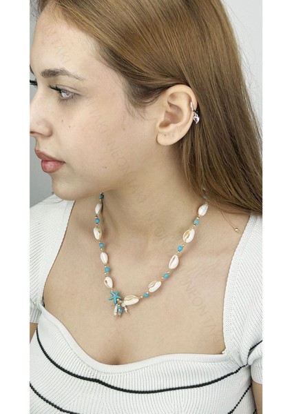 Midye Kabuklu, Mavi Boncuklu, Yaz Kolyesi 393, Altın Renk